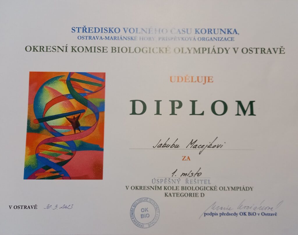 Jakub Macejka vítězem Biologické olympiády